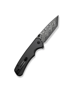 Button Lock Brazen Flipper & Thumb Stud Knife Twill Carbon Fiber Overlay On Black G10 Handle (3.46" Damascus Blade)