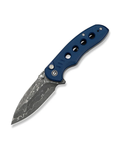 CIVIVI Triptych Flipper & Thumb Stud & Button Lock Knife Blue Canvas Micarta Handle (2.97" Damascus Blade)