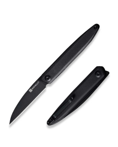 Jubil Front Flipper Knife 2.95" Black D2 Wharncliffe Plain Edge Blade, Black G10 Handle