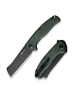 Traxler Flipper Knife 3.49" Black 9Cr18MoV Sheepsfoot Plain Edge Blade, Green Canvas Micarta Handle