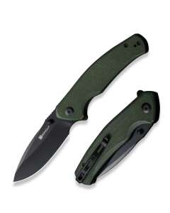 Slashkin Flipper/Thumb Stud Folding Knife 3.48" Black D2 Drop Point Plain Edge Blade, Green Canvas Micarta Handle