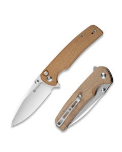 Sachse Flipper/Thumb Stud Folding Knife 3.47" Satin 9Cr18MoV Drop Point Plain Edge Blade, Brown Micarta Handle