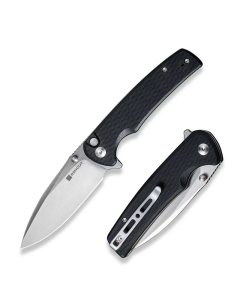 Sachse Flipper/Thumb Stud Folding Knife 3.47" Satin 9Cr18MoV Drop Point Plain Edge Blade, Black G10 Handle