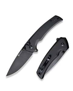 Serene Flipper/Thumb Stud Folding Knife 3.48" Black D2 Drop Point Plain Edge Blade, Black Aluminum Handle