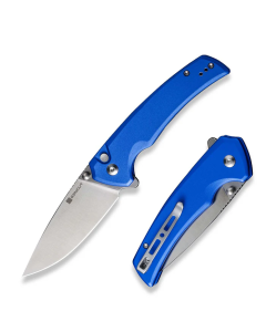 Serene Flipper/Thumb Stud Folding Knife 3.48" Satin D2 Drop Point Plain Edge Blade, Bright Blue Aluminum Handle