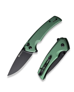 Serene Flipper/Thumb Stud Folding Knife 3.48" Black D2 Drop Point Plain Edge Blade, Green Aluminum Handle