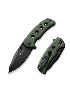 Excalis Flipper/Thumb Stud Folding Knife 2.97" Black 9Cr18MoV Reverse Tanto Plain Edge Blade, Green Canvas Micarta Handle