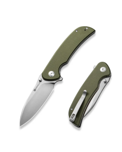 Borzam Flipper/Thumb Stud Folding Knife 3.46" Satin 9Cr18MoV Drop Point Plain Edge Blade, OD Green G10 Handle