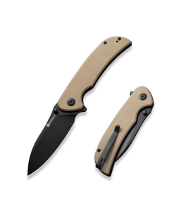 Borzam Flipper/Thumb Stud Folding Knife 3.46" Black 9Cr18MoV Drop Point Plain Edge Blade, Tan G10 Handle