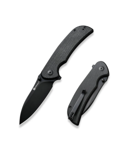 Borzam Flipper/Thumb Stud Folding Knife 3.46" Black 9Cr18MoV Drop Point Plain Edge Blade, Black Canvas Micarta Handle