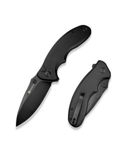 Cybrix Flipper/Thumb Stud Folding Knife 3.46" Black 9Cr18MoV Drop Point Plain Edge Blade, Black Aluminum Handle