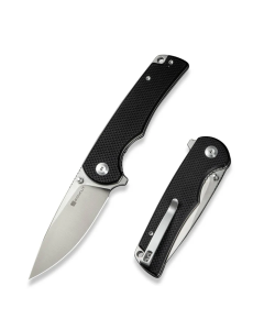 Praktisk Flipper/Thumb Stud Folding Knife 3.59" Satin 9Cr18MoV Drop Point Plain Edge Blade, Black G10 Handle