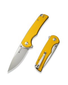 Praktisk Flipper/Thumb Stud Folding Knife 3.59" Satin 9Cr18MoV Drop Point Plain Edge Blade, Yellow G10 Handle