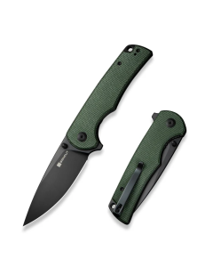 Praktisk Flipper/Thumb Stud Folding Knife 3.59" Black 9Cr18MoV Drop Point Plain Edge Blade, Green Canvas Micarta Handle