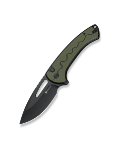 SENCUT Squiggy Flipper & Thumb Hole & Button Lock Knife Black / Green G10 Handle