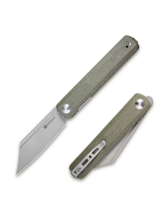 Bronte Front Flipper Folding Knife 3.38" Stonewash 9Cr18MoV Reverse Tanto Plain Edge Blade, Green Micarta Handle