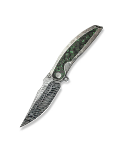 WEKNIFE Quinseris Flipper & Thumb Stud Knife Crystalized Silver Titanium Handle With Jungle Wear Fat Carbon Fiber Inlay (3.96" Fafnir Damasteel Blade) WE23093-DS1