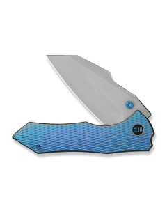 WEKNIFE High-Fin XL Thumb Stud Knife Diamond Patterned Blue / Purple Titanium Handle (3.48" Stonewashed CPM 20CV Blade) WE24010-2