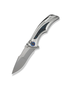 WEKNIFE Tighe Down Flipper & Thumb Stud & Button Lock Knife Gray Titanium Integral Handle With Black & Blue Carbon Fiber Inlay