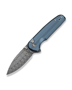 Mini Shakan Flipper & Thumb Stud & Button Lock Knife Ripple Patterned Blue Aluminum Handle (2.48" Damascus Blade)